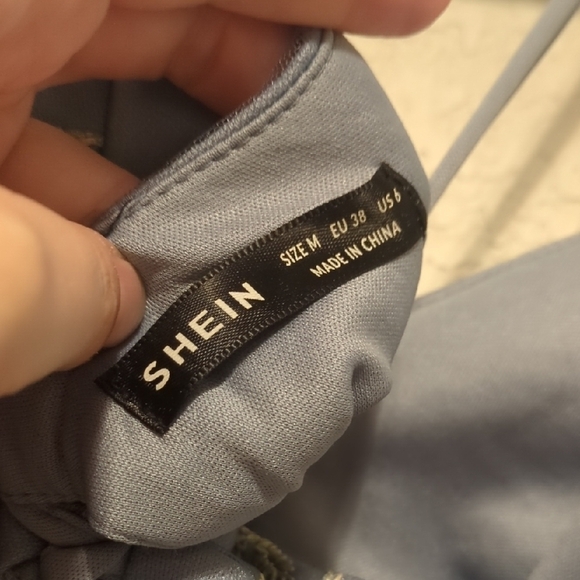 SHEIN blue floral embroidered mesh cross tie back sleeveless cami mini dress - Picture 13 of 13